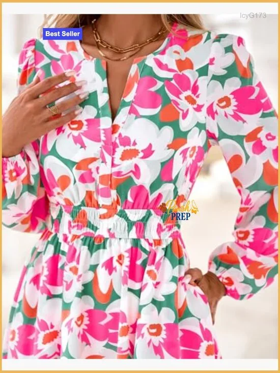 Floral Mini Dress Long Sleeve Elastic Waist Wedding Guest Vacation Outfit - Picture 6 of 7